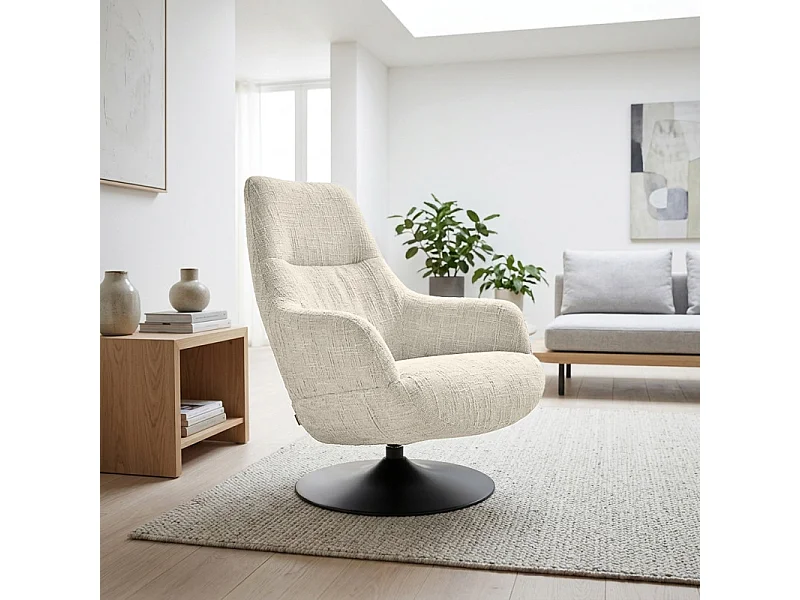 Fauteuil pivotant 360° tissu texturé beige socle métal – AUGUSTE