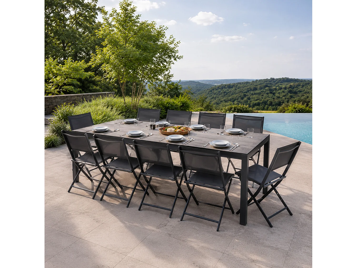 Moderne 10-persoons tuinset met aluminium tafel en inklapbare stoelen