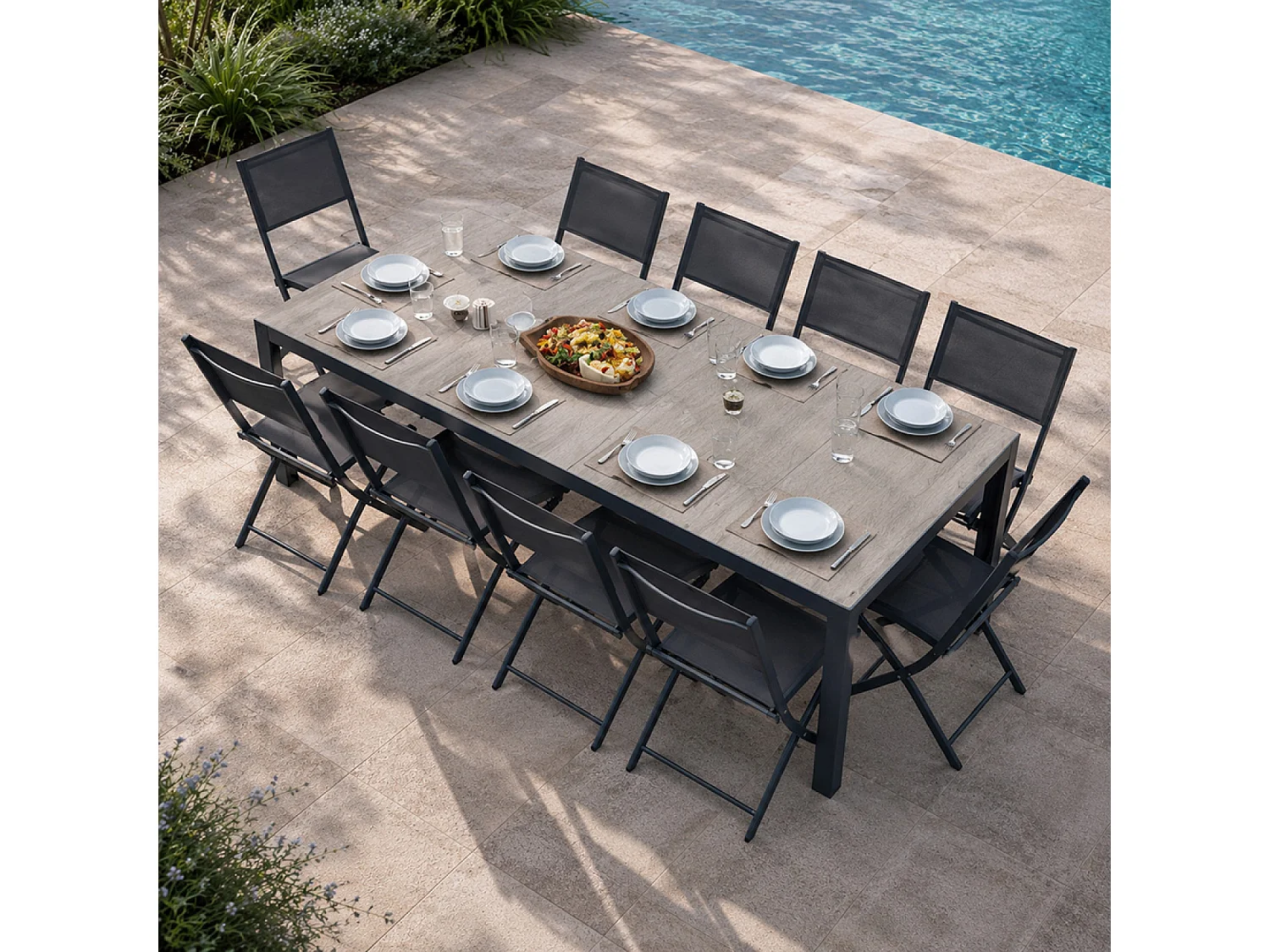 Moderne 10-persoons tuinset met aluminium tafel en inklapbare stoelen