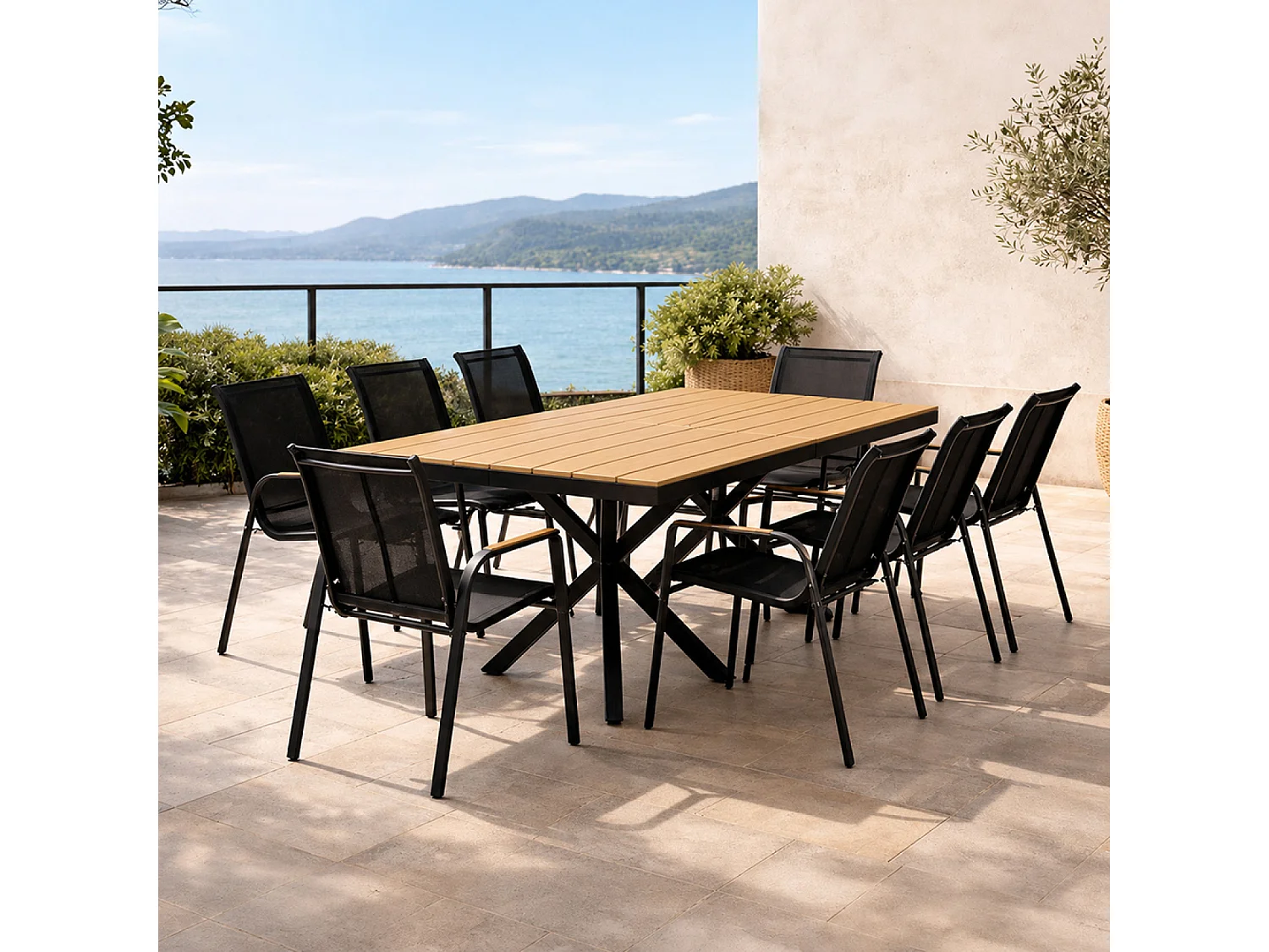 Modernes 8-Sitzer Garten-Essgruppe mit 190 cm Holz-Effekt Tisch + 8 Stühlen ALMADA