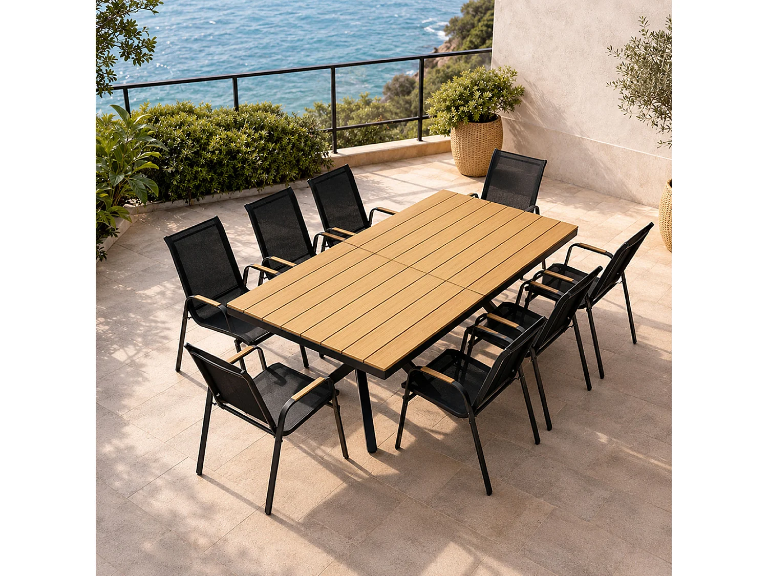 Modernes 8-Sitzer Garten-Essgruppe mit 190 cm Holz-Effekt Tisch + 8 Stühlen ALMADA