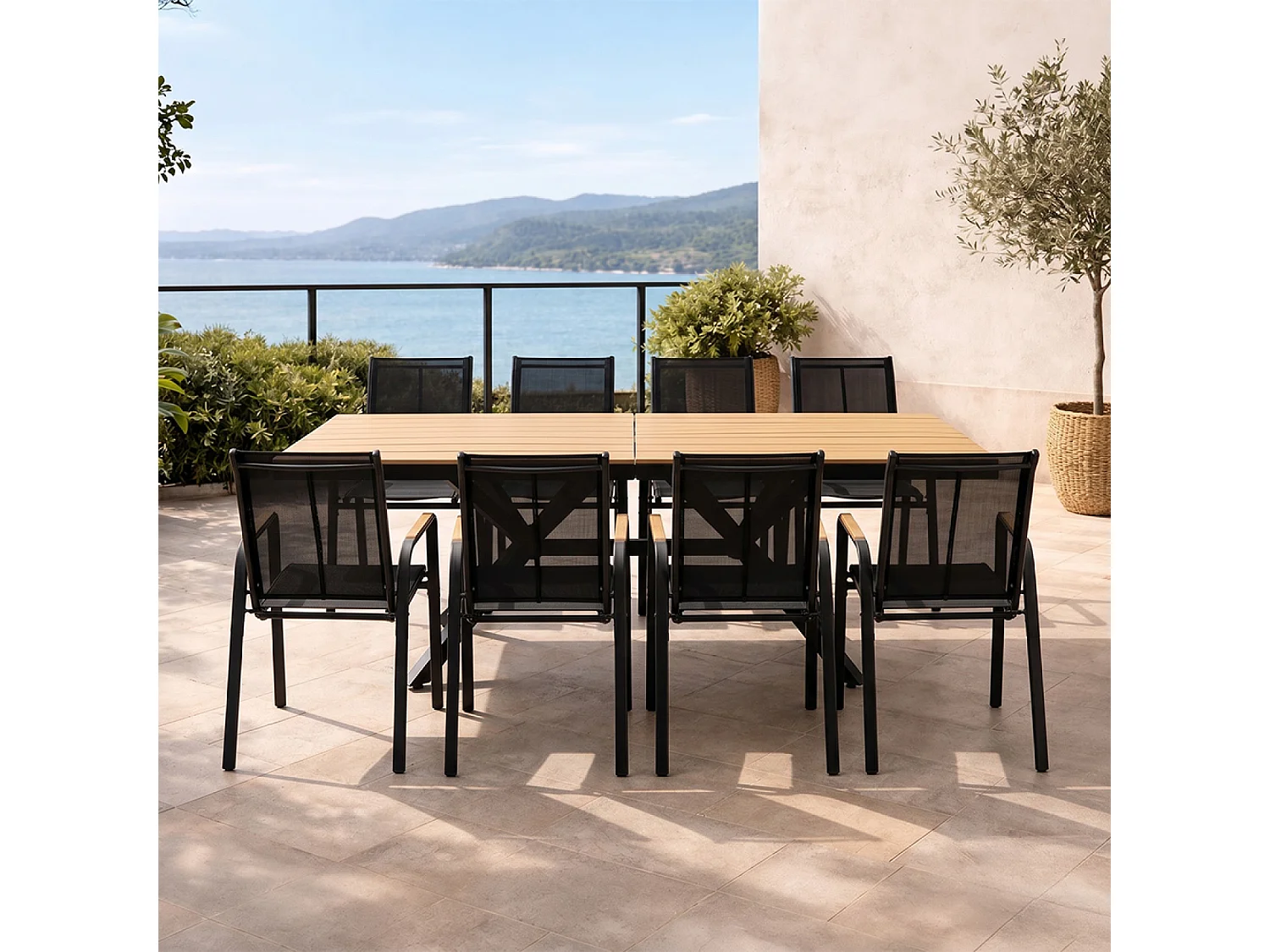 Modernes 8-Sitzer Garten-Essgruppe mit 190 cm Holz-Effekt Tisch + 8 Stühlen ALMADA