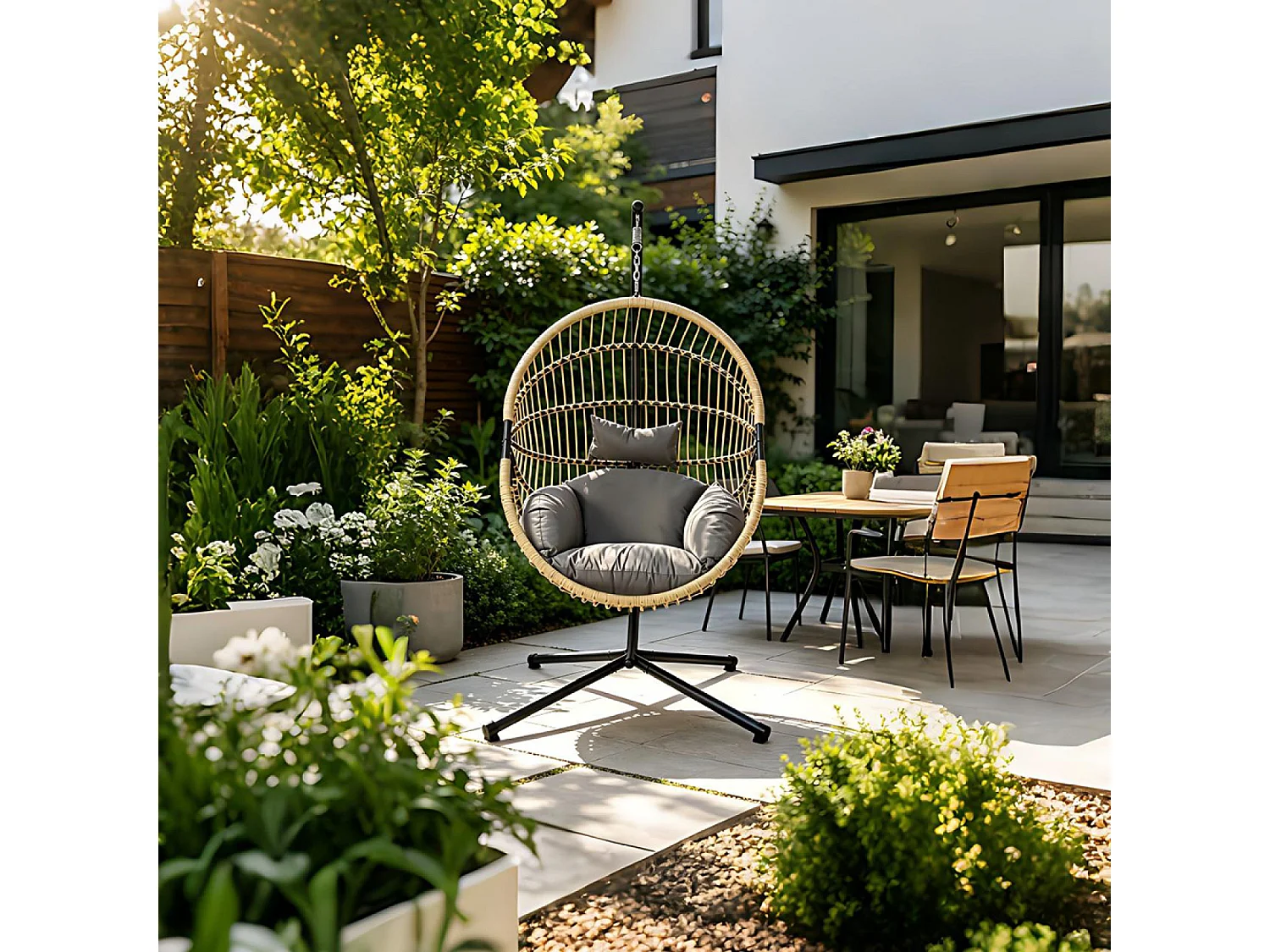 Fauteuil suspendu effet rotin avec coussin gris BRASILIA