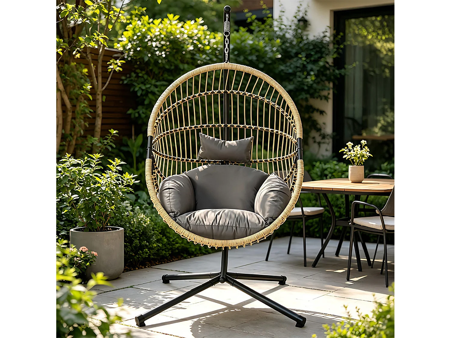 Fauteuil suspendu effet rotin avec coussin gris BRASILIA