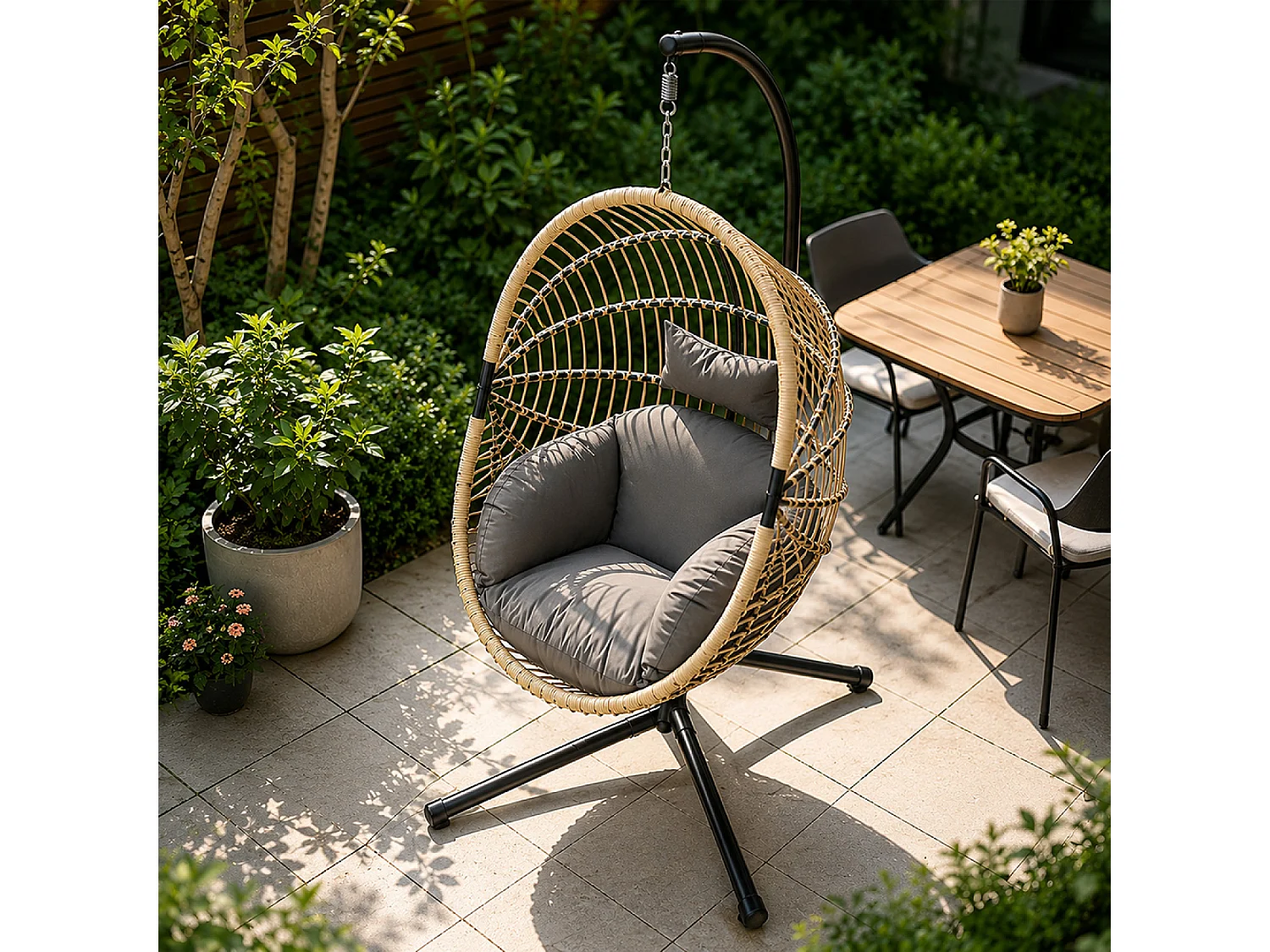 Fauteuil suspendu effet rotin avec coussin gris BRASILIA