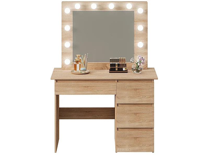 Tocador con luz LED, espejo marrón y 4 cajones, espacioso, para el dormitorio