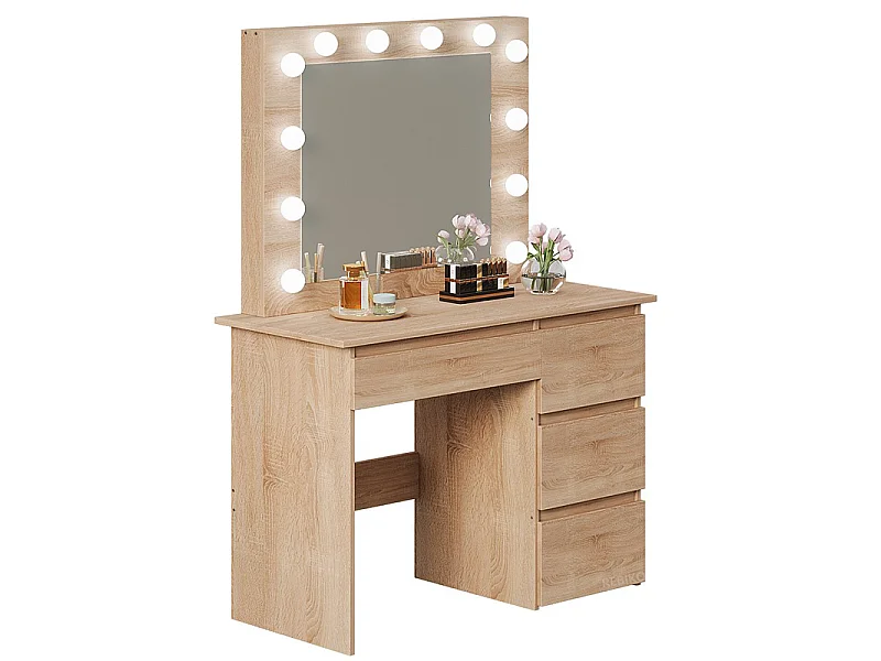 Tocador con luz LED, espejo marrón y 4 cajones, espacioso, para el dormitorio