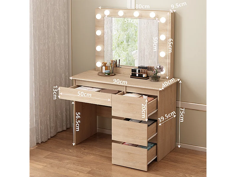 Tocador con luz LED, espejo marrón y 4 cajones, espacioso, para el dormitorio