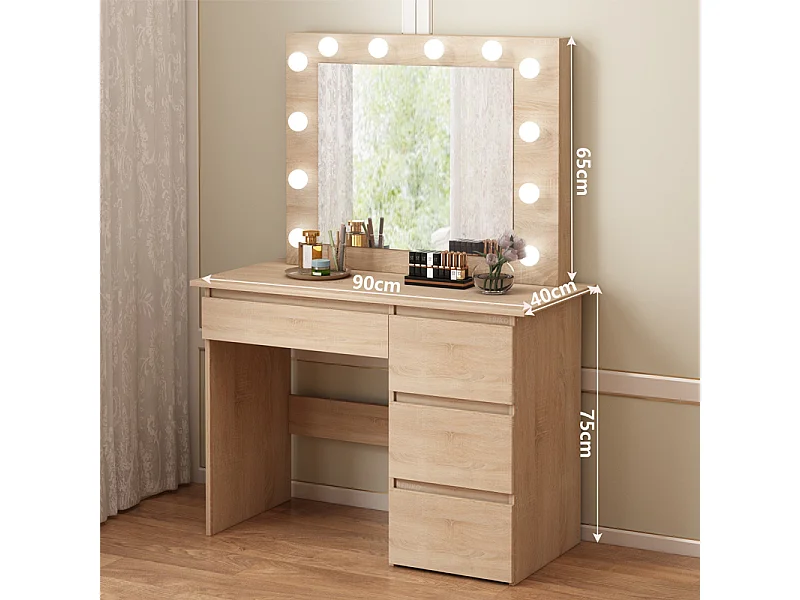 Tocador con luz LED, espejo marrón y 4 cajones, espacioso, para el dormitorio