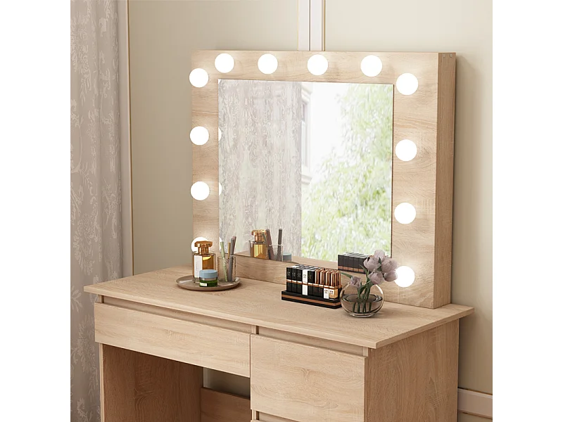 Tocador con luz LED, espejo marrón y 4 cajones, espacioso, para el dormitorio