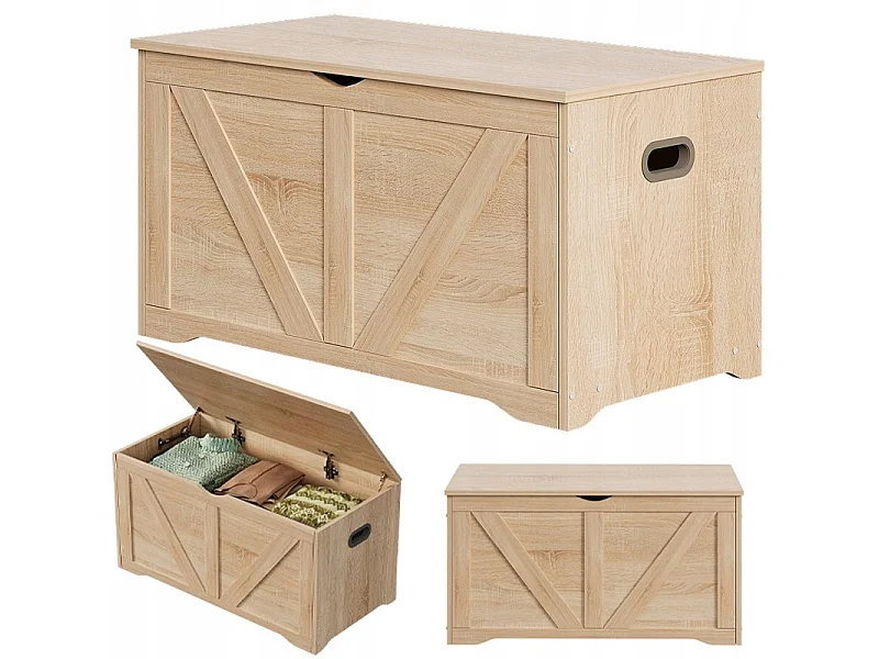 Grand coffre de rangement en bois, couleur marron clair, coffre-banquette de style loft, 100 cm