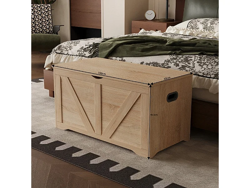 Grand coffre de rangement en bois, couleur marron clair, coffre-banquette de style loft, 100 cm