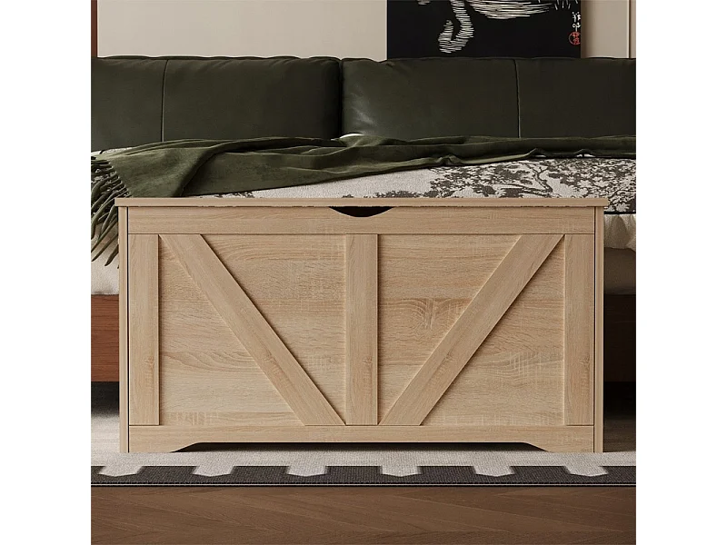 Grand coffre de rangement en bois, couleur marron clair, coffre-banquette de style loft, 100 cm
