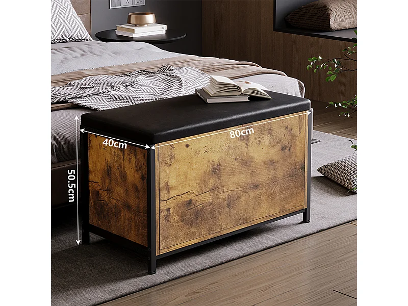 Coffre de rangement marron pour chambre à coucher, banc avec assise, style rustique, spacieux, 80 cm