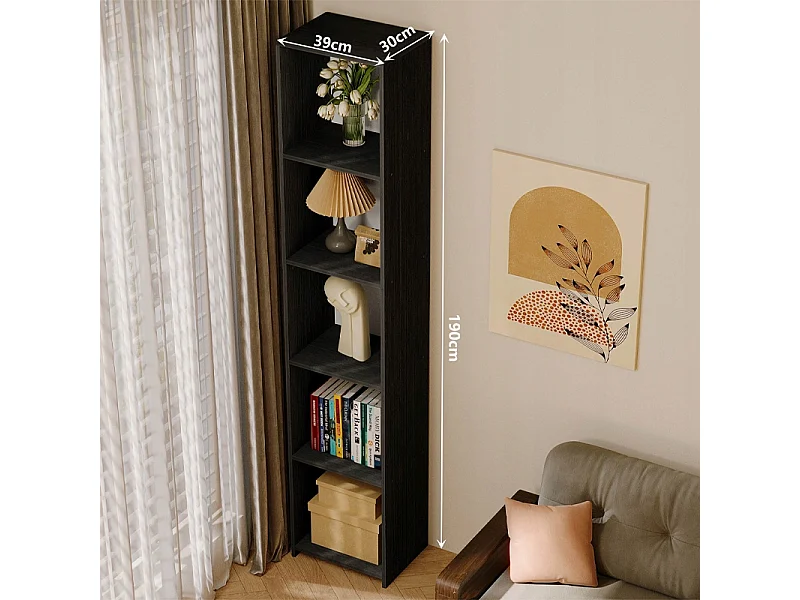 Bibliothèque sur pied noire à étagères hautes, style moderne, 190 cm