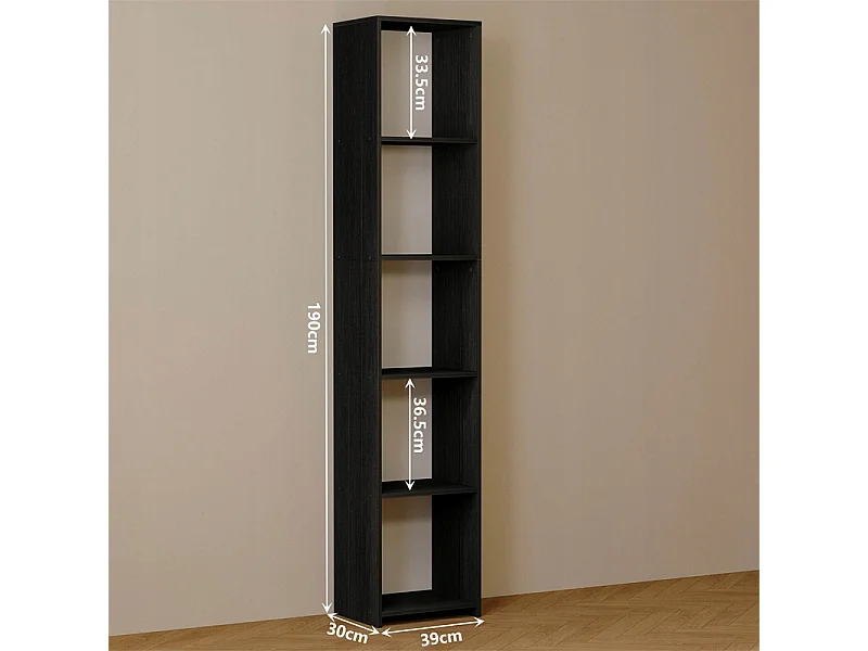Bibliothèque sur pied noire à étagères hautes, style moderne, 190 cm