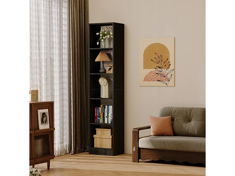 Bibliothèque sur pied noire à étagères hautes, style moderne, 182 cm