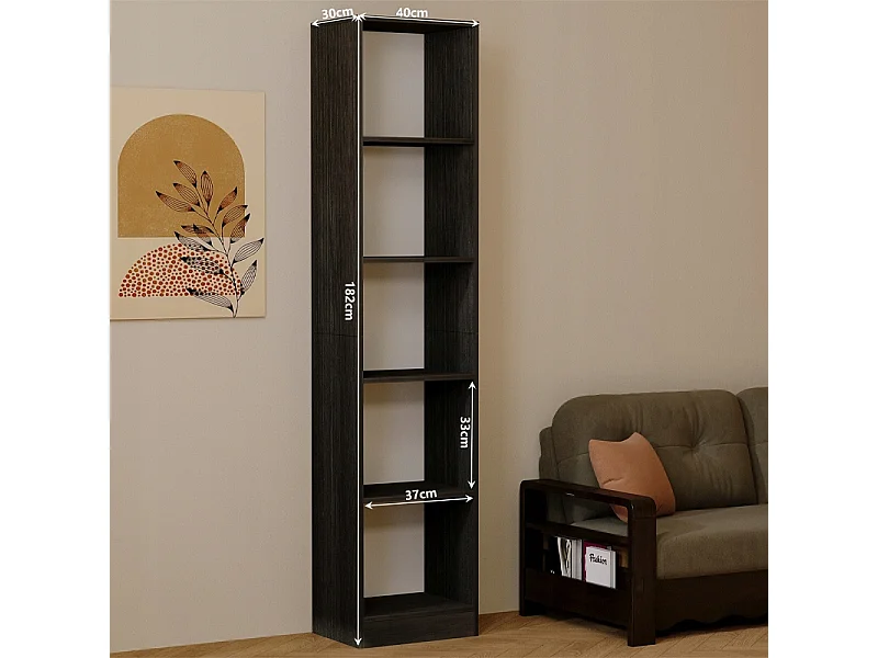 Bibliothèque sur pied noire à étagères hautes, style moderne, 182 cm
