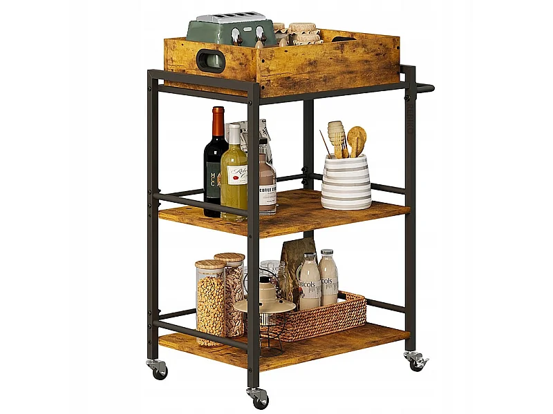 Keukentrolley met afneembaar dienblad, bruin, vintage, retro, loftstijl, op wieltjes, 86 cm