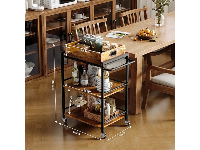 Keukentrolley met afneembaar dienblad, bruin, vintage, retro, loftstijl, op wieltjes, 86 cm