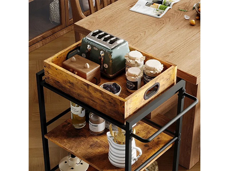 CHARIOT DE CUISINE À ROUES – PLATEAU AMOVIBLE, 86 CM, MARRON, STYLE VINTAGE / RÉTRO / LOFT