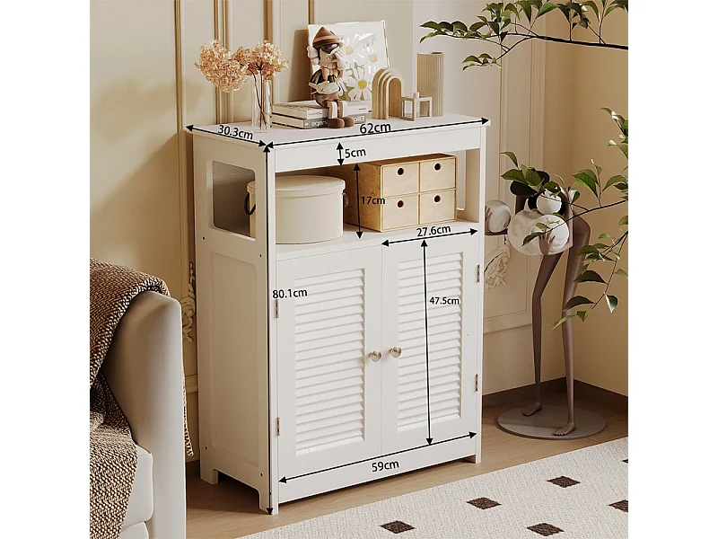 Commode de salle de bain à 2 portes, étagères, modèle scandinave de style loft, blanche