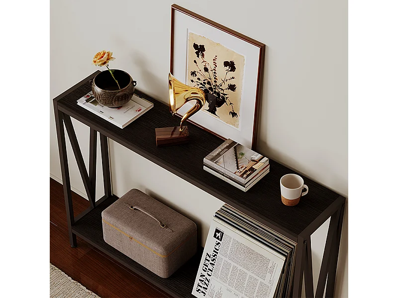 Mesa castanha escura, consola para o hall de entrada, mesa lateral com prateleira, espaçosa, 76 cm de altura