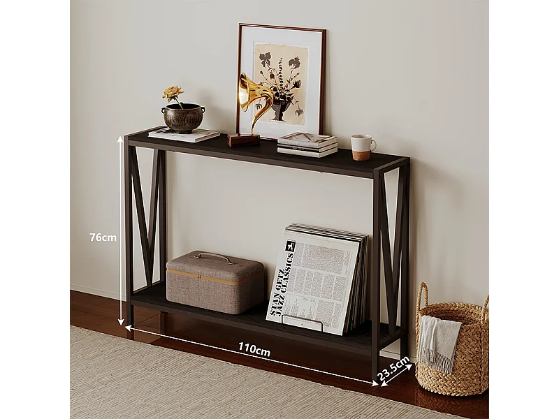 Mesa castanha escura, consola para o hall de entrada, mesa lateral com prateleira, espaçosa, 76 cm de altura