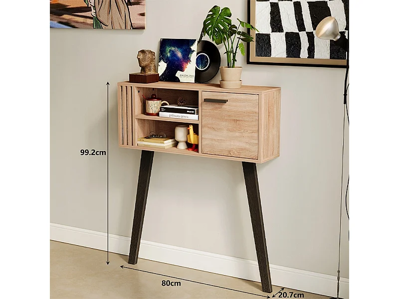 Console à lamelles pour entrée de style loft, chêne clair, avec porte, 80 cm