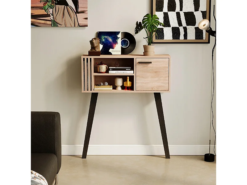 Console à lamelles pour entrée de style loft, chêne clair, avec porte, 80 cm