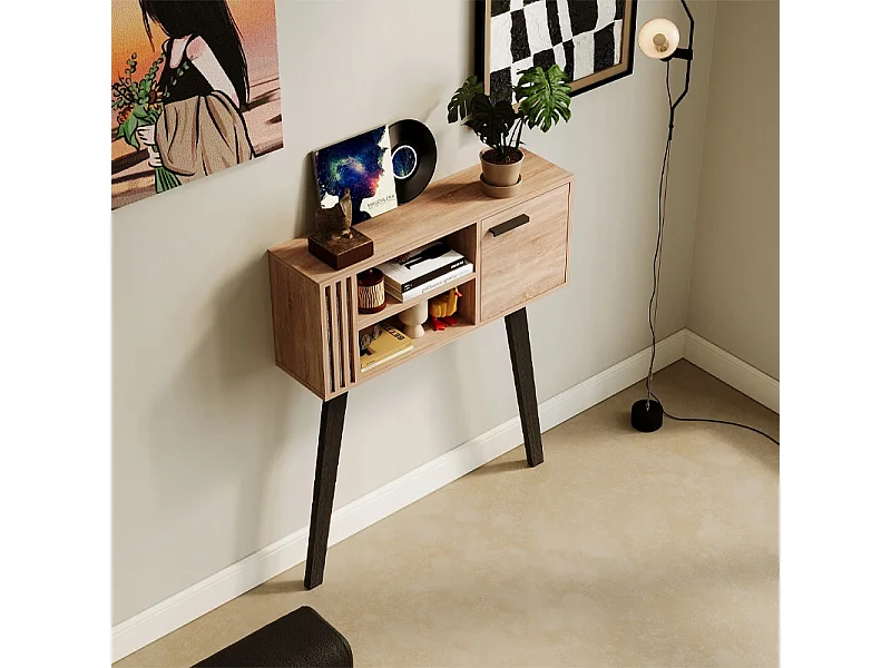 Console à lamelles pour entrée de style loft, chêne clair, avec porte, 80 cm