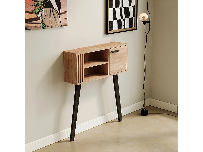 Console à lamelles pour entrée de style loft, chêne clair, avec porte, 80 cm