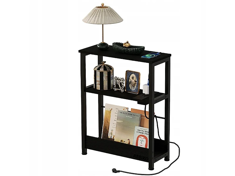 Table de chevet pour chambre de style loft, noire, avec multiprise, 45 cm