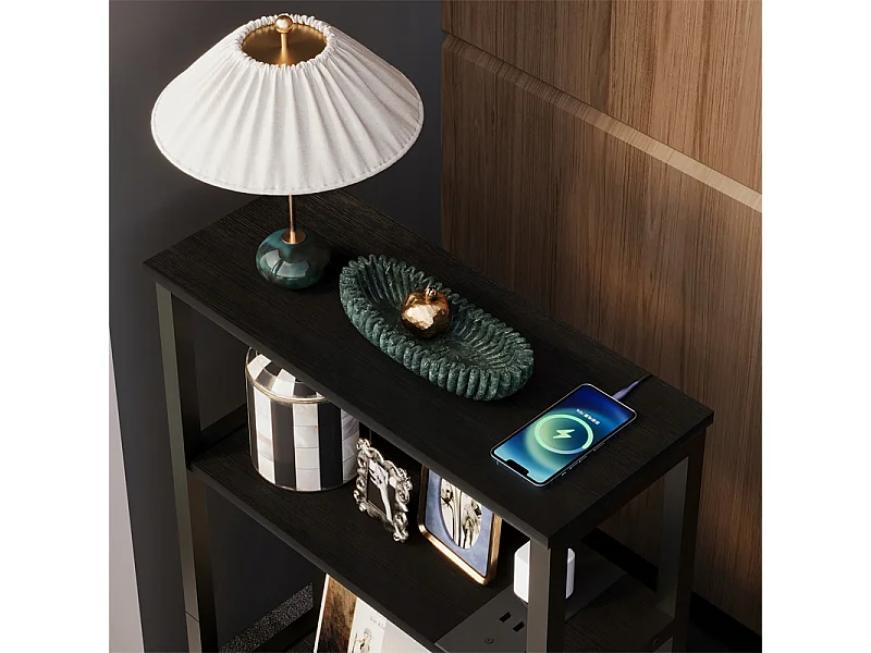 Table de chevet pour chambre de style loft, noire, avec multiprise, 45 cm