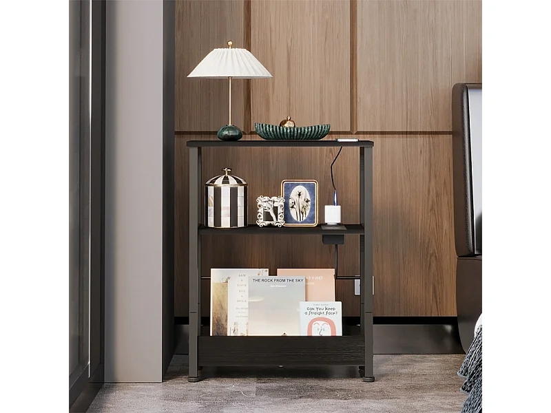 Table de chevet pour chambre de style loft, noire, avec multiprise, 45 cm