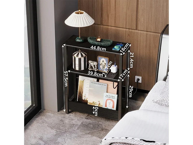 Table de chevet pour chambre de style loft, noire, avec multiprise, 45 cm