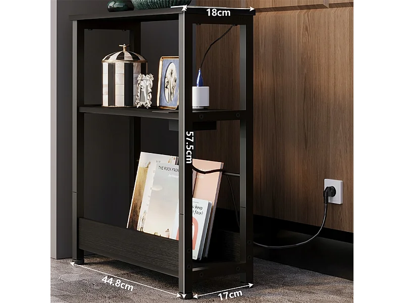 Table de chevet pour chambre de style loft, noire, avec multiprise, 45 cm