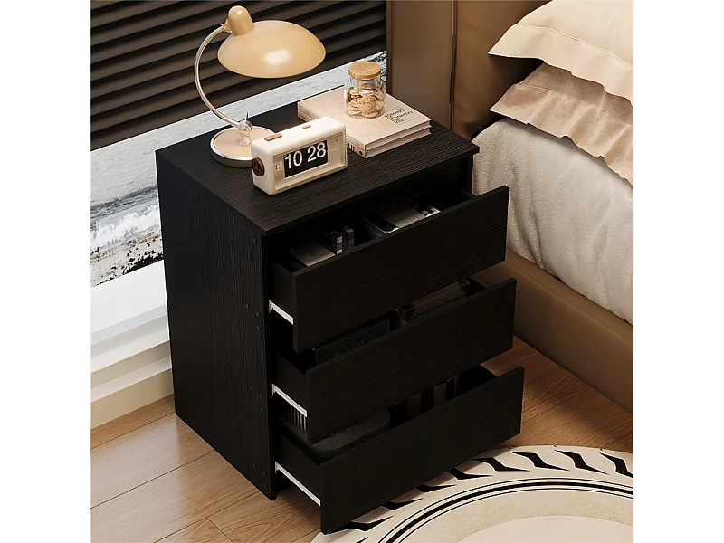 Mesa de cabeceira, mesa de quarto, cómoda com 3 gavetas, preta, estilo loft, moderna, 60 cm