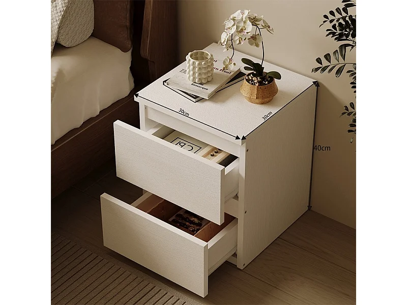 TABLE DE CHEVET POUR CHAMBRE À COUCHER OU SALON, 2 TIROIRS, STYLE LOFT, BLANC, MODERNE