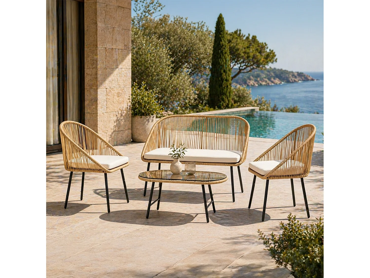 Salon de jardin 4 places avec table basse effet rotin naturel RAVELLO