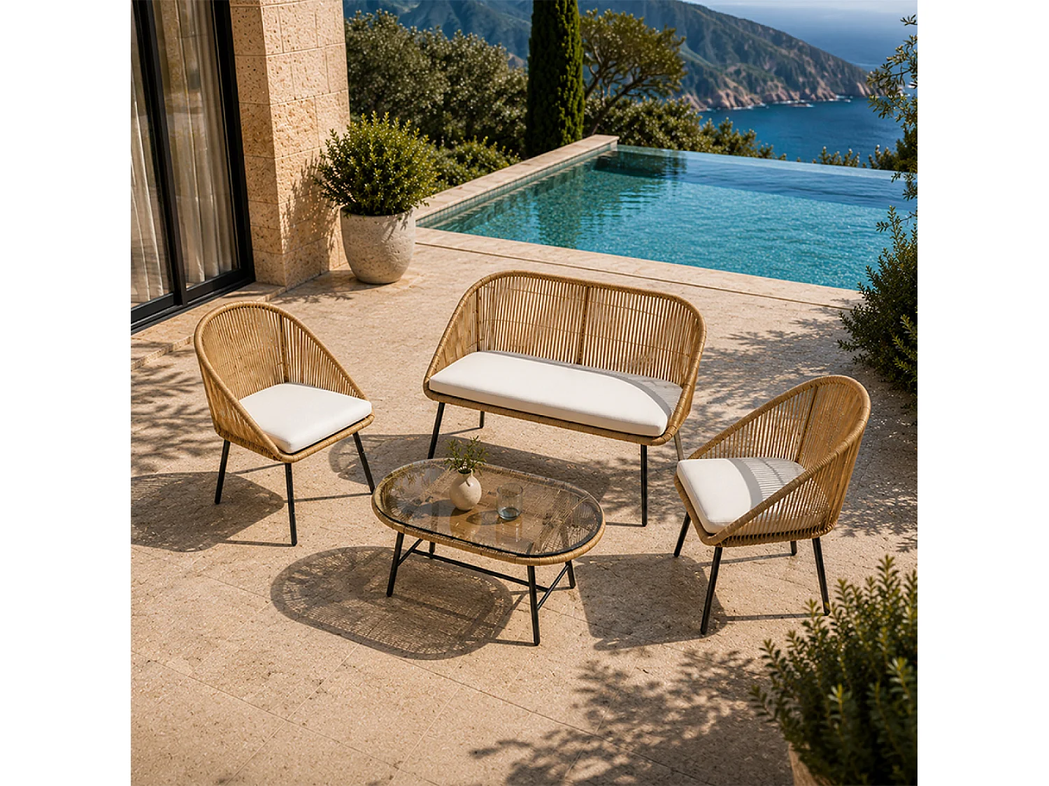 Salon de jardin 4 places avec table basse effet rotin naturel RAVELLO