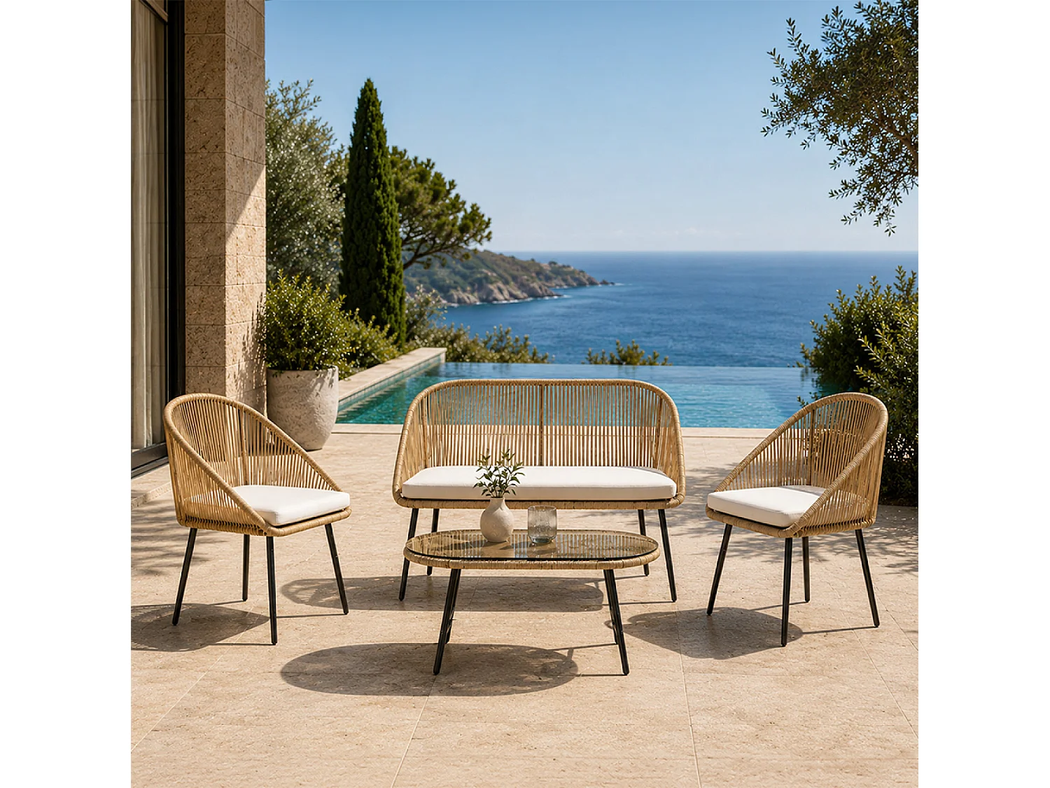 Salon de jardin 4 places avec table basse effet rotin naturel RAVELLO