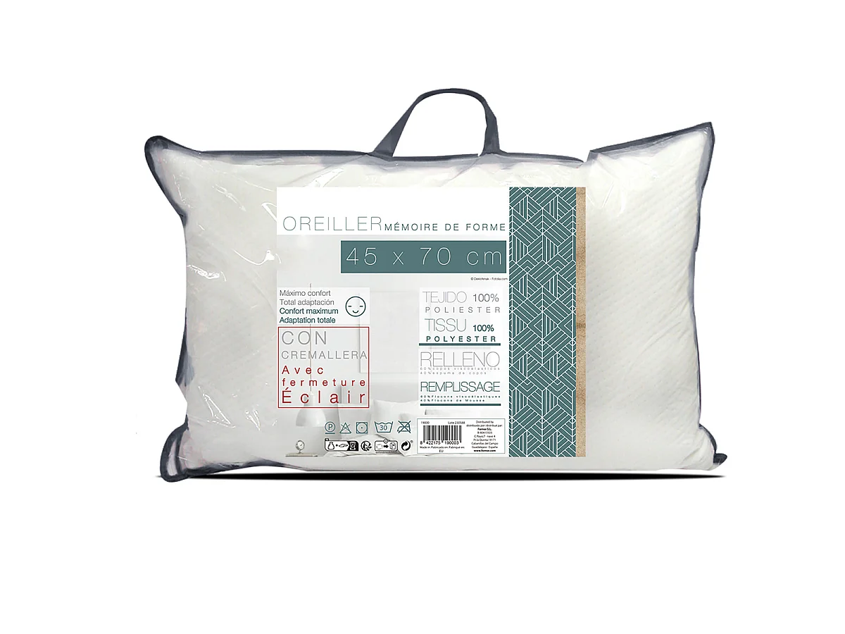 Lot de 2 Oreillers rectangulaire en mousse viscoélastique Déhoussable,coloris blanc-Largeur 45 x Longueur 70 cm
