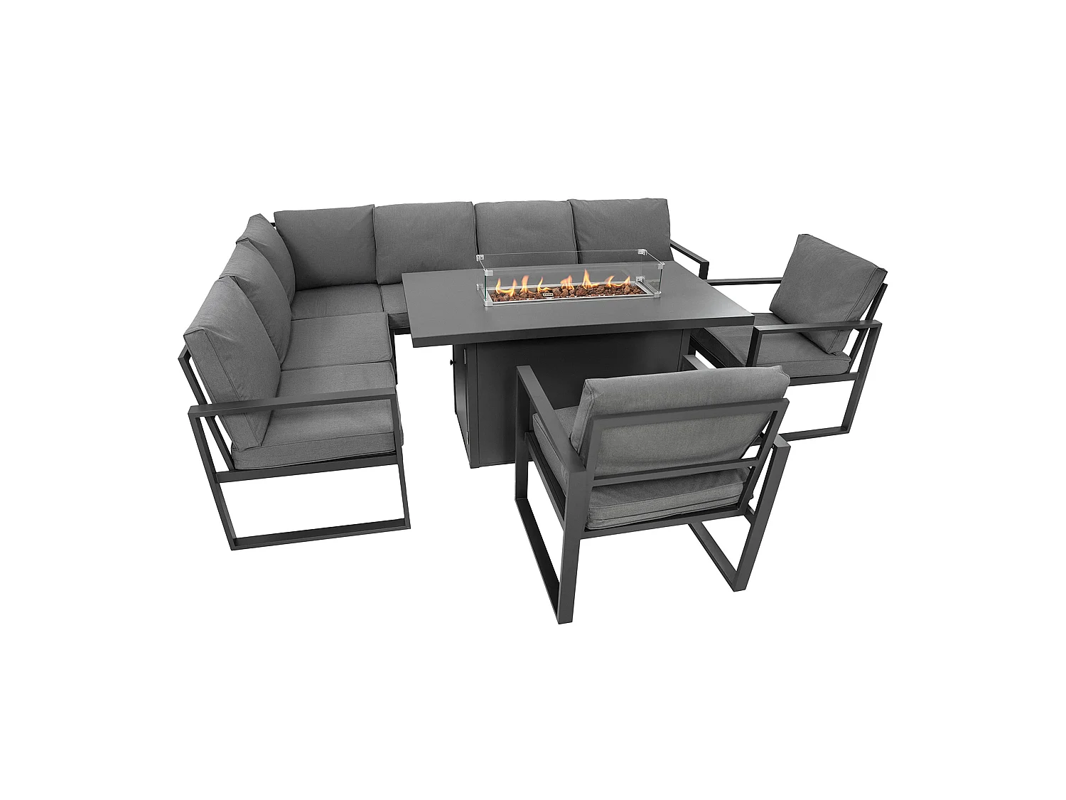 Aluminium 7-zits loungeset - grijze tuinset - hoekbank, stoelen, vuurtafel