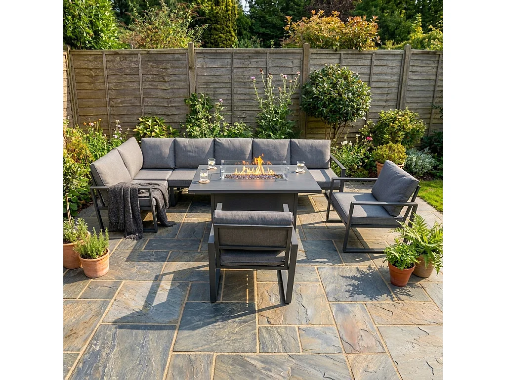 Aluminium 7-zits loungeset - grijze tuinset - hoekbank, stoelen, vuurtafel