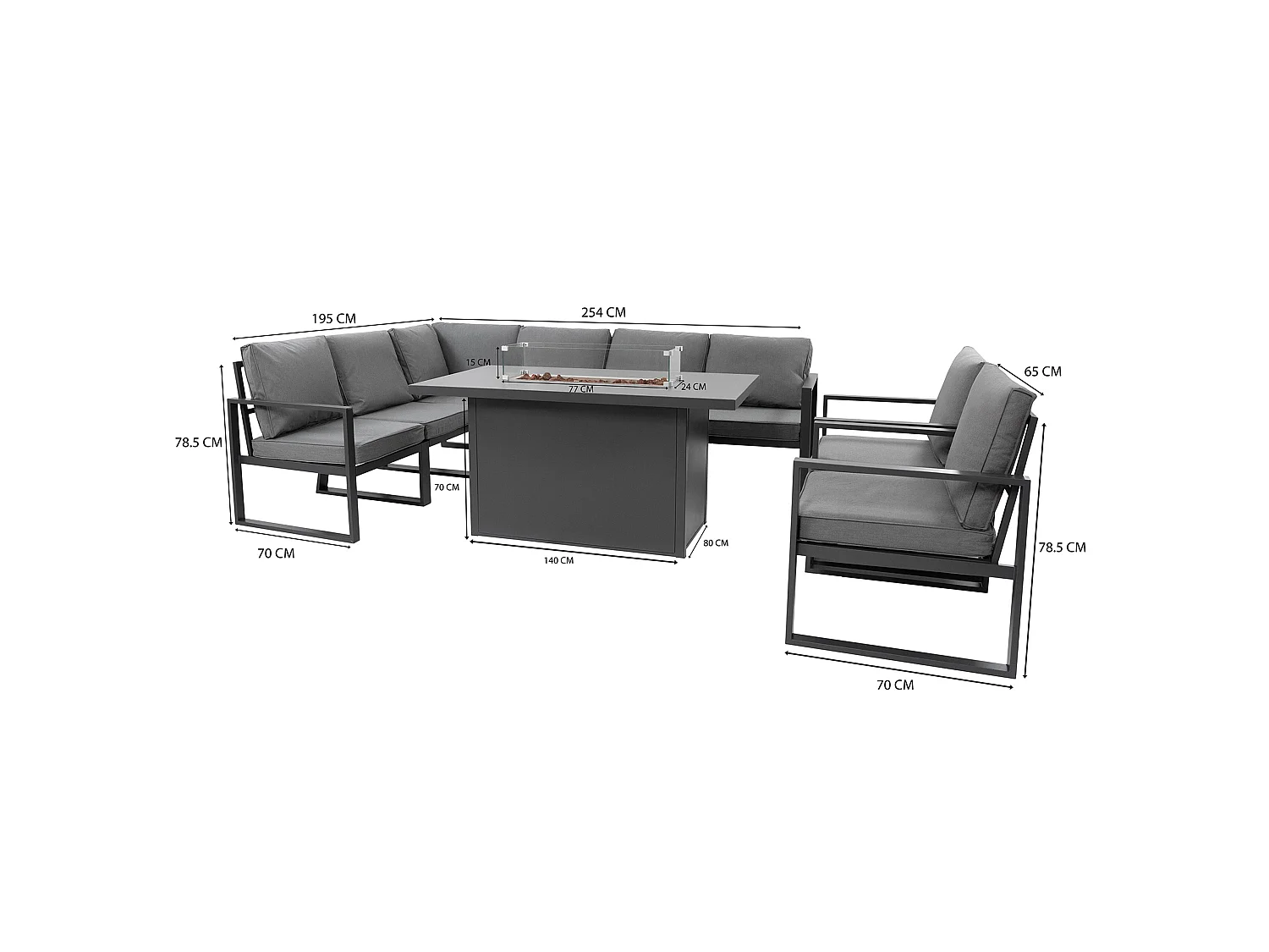 Aluminium 7-zits loungeset - grijze tuinset - hoekbank, stoelen, vuurtafel