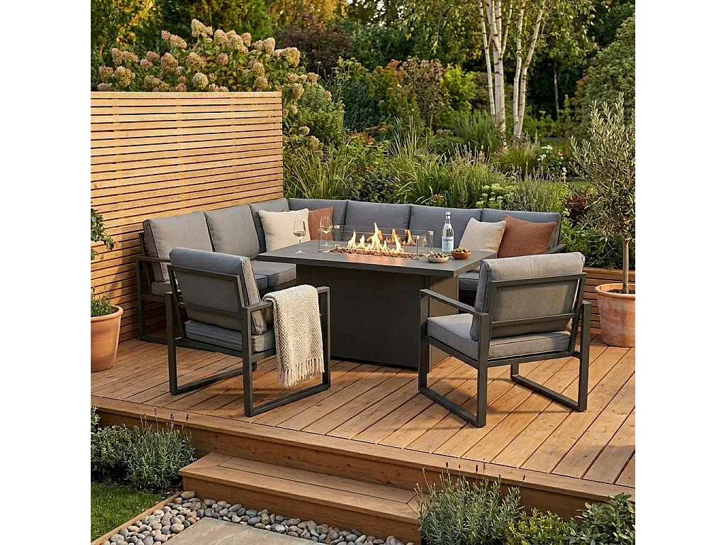 Aluminium 7-zits loungeset - grijze tuinset - hoekbank, stoelen, vuurtafel
