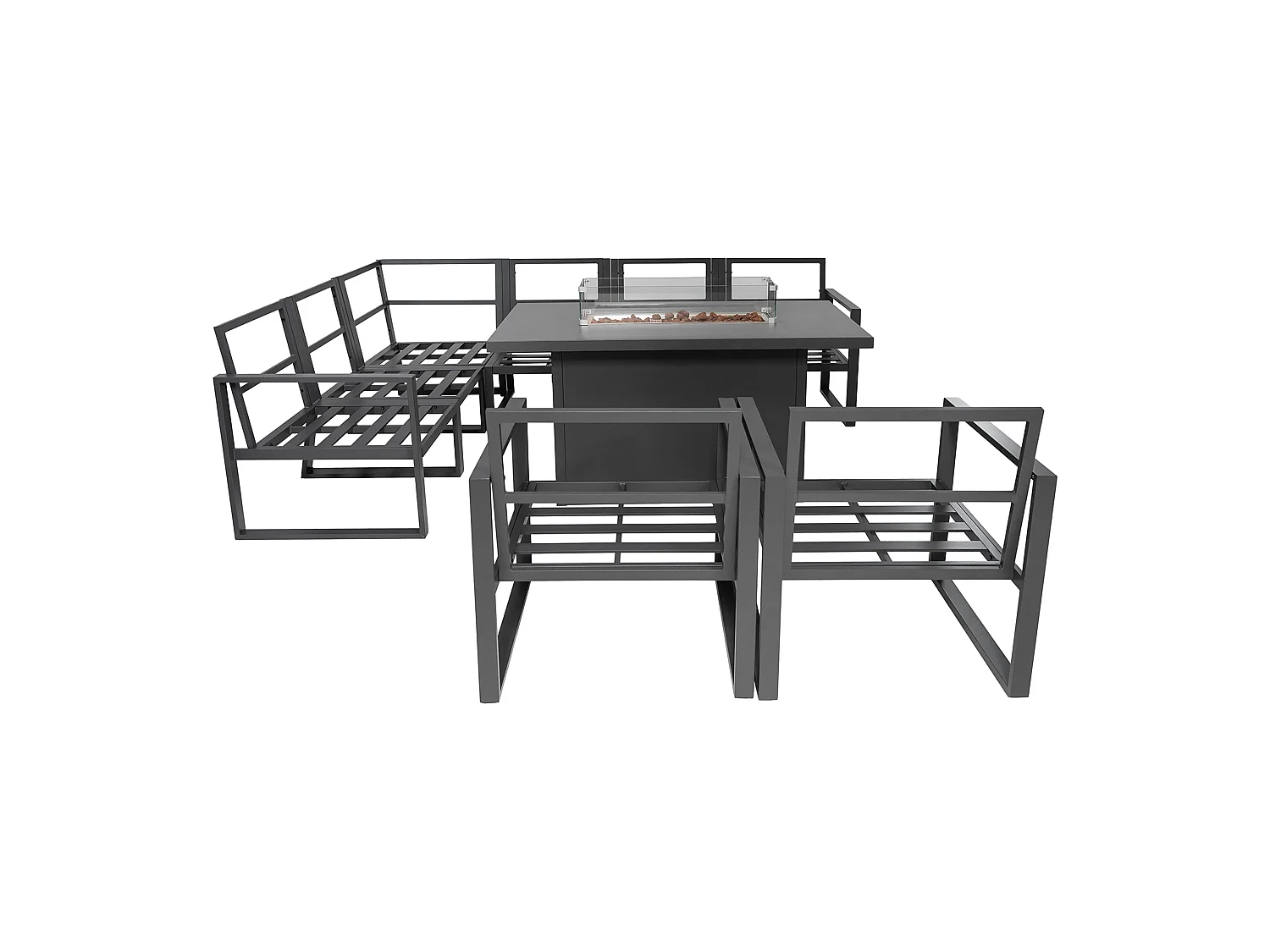 Aluminium 7-zits loungeset - grijze tuinset - hoekbank, stoelen, vuurtafel