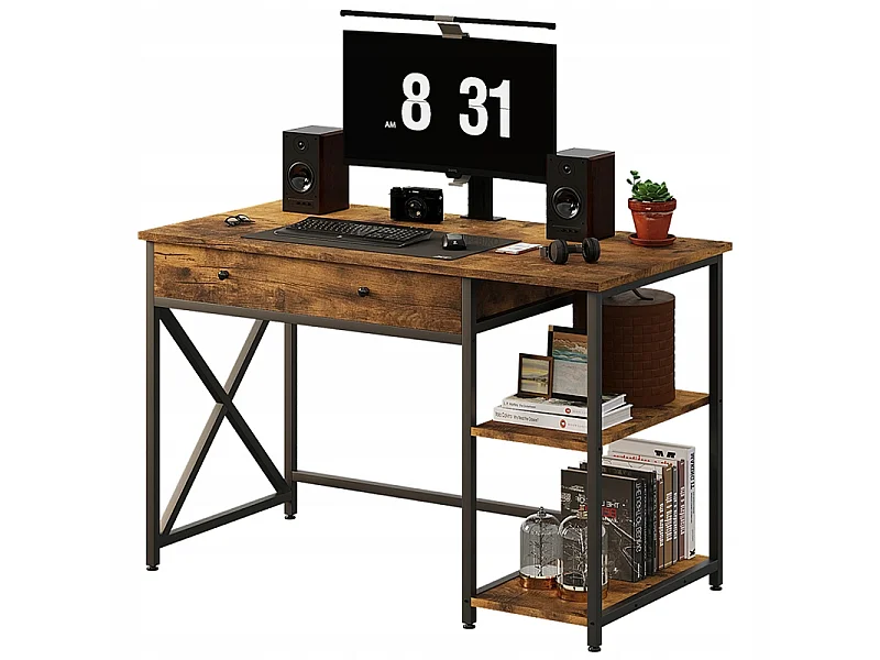 Secretária para computador em estilo loft industrial rústico, em castanho, com gaveta e prateleiras