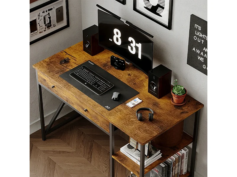 Secretária para computador em estilo loft industrial rústico, em castanho, com gaveta e prateleiras